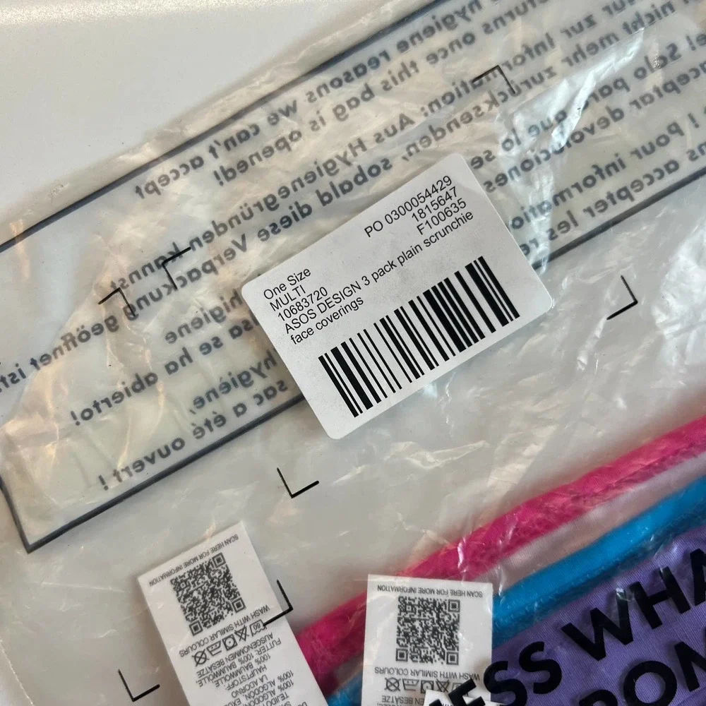 ASOS DESIGN Pack of 3 — 100% Cotton Bright Color Face Masks Elastic NEW + SEALED
